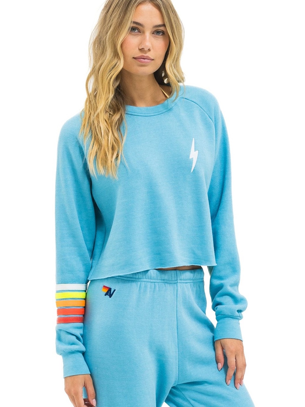 Aviator Nation Bolt Rugby Stitch Cropped Crew Sweatshirt – Aqua // White Neon - Picture 2 of 4